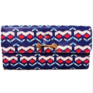 WOMEN'S MULTICOLORED TRIBAL STRIPED BUTTON WALLET - BLUE & PINK